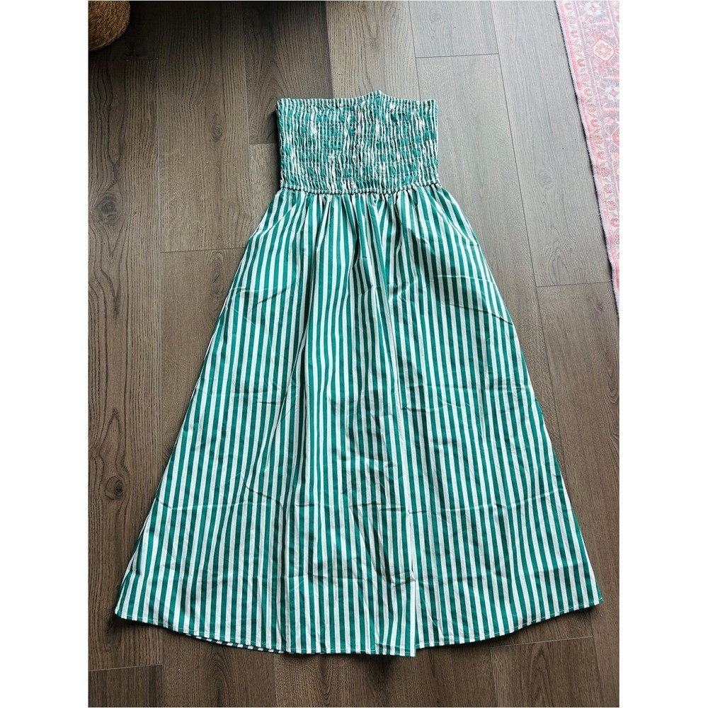 Moon River Green White Striped Smocked Strapless Midi Dress Womens Medium